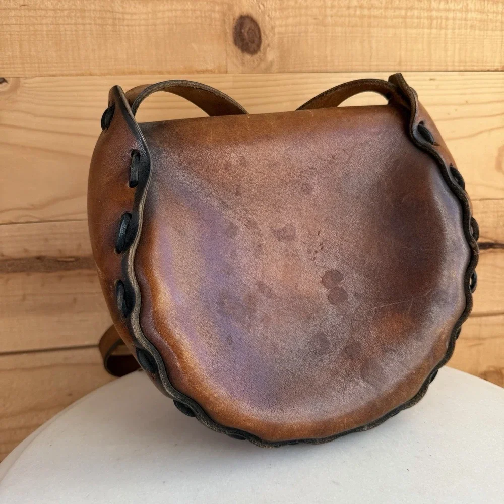 VTG 60's Hand Made Hippie Leather Shoulder Bag Purse Floral Embossed Boho *Flaws